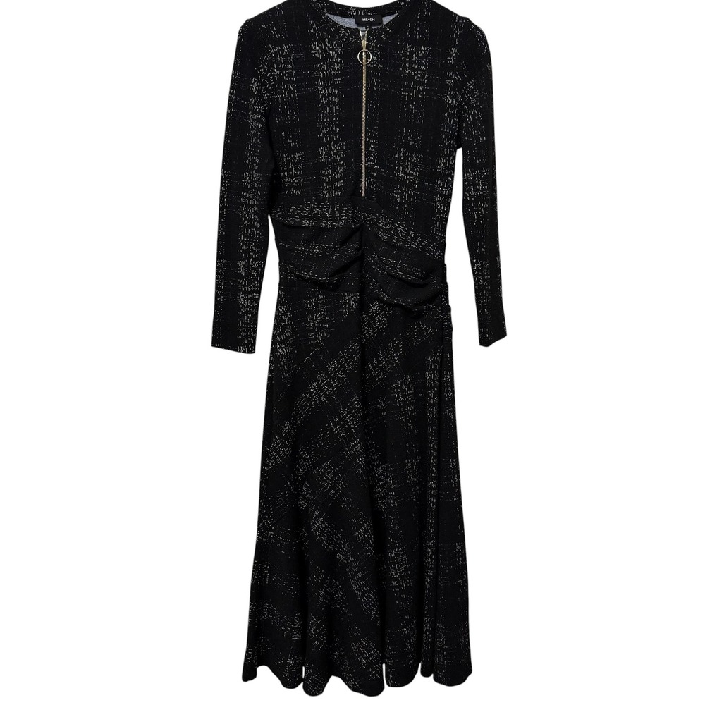 ME+EM Black White Textured Boucle Ruched Waist Zip Midi Dress Womens 8